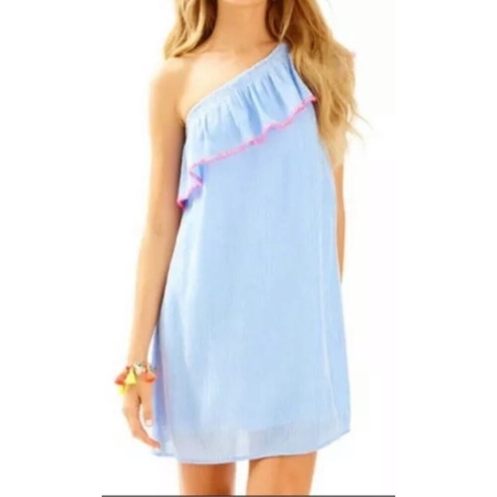 LILLY PULITZER Emmeline Dress Seersucker Lapis Blue Off One Shoulder Mini Sz S - Picture 1 of 9